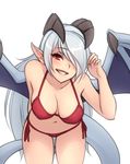  bangs bare_arms bare_shoulders bikini blue_hair breasts cowboy_shot demon_girl demon_horns demon_tail demon_wings eyebrows_visible_through_hair hair_over_one_eye hand_in_hair hand_up highres horns ilassa_(elh) large_breasts leaning_forward lilim_(monster_girl_encyclopedia) long_hair monorus monster_girl_encyclopedia navel original pink_lips pointy_ears red_bikini red_eyes side-tie_bikini simple_background smile solo spread_wings swimsuit tail white_background wings 
