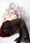  alternate_costume ass bangs black_footwear black_legwear blue_eyes blush breasts closed_mouth clothes_lift commentary_request deep_skin eyebrows_visible_through_hair foreshortening gradient gradient_background grey_background gusset high_heels highres kantai_collection kashima_(kantai_collection) large_breasts legs lifted_by_self long_hair looking_at_viewer lying miniskirt no_bra no_hat no_headwear pantyhose pleated_skirt red_skirt ribbed_sweater self_fondle silver_hair skirt smile solo sweater sweater_lift thighband_pantyhose tsurime underboob untsue upskirt wavy_hair white_sweater 