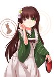  ;o absurdres ama_usa_an_uniform apron ayatsuki_(luna0707) bangs blunt_bangs blush breasts brown_hair bunny collarbone commentary_request cowboy_shot eyebrows_visible_through_hair flower gochuumon_wa_usagi_desu_ka? green_eyes green_kimono hair_flower hair_ornament highres holding holding_tray index_finger_raised japanese_clothes kimono long_hair long_sleeves looking_at_viewer maid_apron one_eye_closed open_mouth polka_dot_trim silhouette small_breasts solo standing striped striped_kimono tray ujimatsu_chiya white_apron white_background white_flower wide_sleeves 