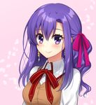  blush closed_mouth earrings fate/grand_order fate/stay_night fate_(series) hair_ribbon homurahara_academy_uniform jewelry long_hair looking_at_viewer matou_sakura nakamura_hinato parvati_(fate/grand_order) pink_background pink_ribbon purple_eyes purple_hair red_ribbon ribbon school_uniform smile solo star star-shaped_pupils symbol-shaped_pupils upper_body 