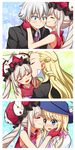  1other 2boys :d androgynous blonde_hair blue_eyes blush charles_henri_sanson_(fate/grand_order) cheek_kiss chevalier_d'eon_(fate/grand_order) closed_eyes drill_hair embarrassed fate/grand_order fate_(series) formal frown hat kiss long_hair marie_antoinette_(fate/grand_order) multiple_boys nakamura_hinato necktie open_mouth silver_hair smile suit twin_drills twintails wavy_mouth wolfgang_amadeus_mozart_(fate/grand_order) 