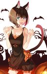  animal_ears bad_id bad_pixiv_id bat black_hair bloomers blue_eyes breasts cat cat_ears cat_tail choker claw_pose cleavage collarbone cowboy_shot fangs halloween highres jack-o'-lantern kimura_(ykimu) large_breasts looking_at_viewer open_mouth original short_hair silhouette solo standing tail underwear 