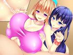  1boy 2girls blonde_hair blue_eyes blush breast_grab breast_squeeze breasts censored collarbone cross_section cum cum_on_breasts ejaculation_between_breasts fujimiya_yahiro hair_ornament hairclip huge_breasts multiple_girls one-piece_swimsuit open_mouth original paizuri paizuri_under_clothes penis purple_eyes purple_hair sundress torn_clothes yahiro_(anhnw) 