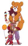  1girl balloon black_eyes black_hair boots closed_eyes dougi dragon_ball dragon_ball_z food grandfather_and_granddaughter happy highres holding_hands ice_cream looking_at_another looking_down miiko_(drops7) open_mouth pan_(dragon_ball) simple_background smile son_gokuu stuffed_animal stuffed_toy teddy_bear white_background 