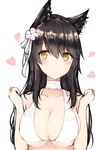  animal_ears atago_(azur_lane) azur_lane bangs bare_arms bare_shoulders bikini_top black_hair blush breast_squeeze breasts choker cleavage closed_mouth collarbone eyebrows_visible_through_hair flower hair_between_eyes hair_flower hair_ornament heart large_breasts linez long_hair long_sleeves looking_at_viewer simple_background smile solo underboob upper_body white_background white_bikini_top white_neckwear yellow_eyes 
