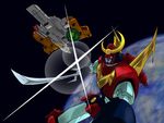  earth king_beal mecha muteki_choujin_zambot_3 no_humans pix-001 planet space space_craft super_robot sword weapon zambot_3 