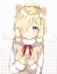  alpaca_ears alpaca_suri_(kemono_friends) animal_ears beige_vest blonde_hair blush fur-trimmed_sleeves fur_collar fur_trim grey_eyes hair_bun hair_over_one_eye hair_tie hands_on_own_chest heart heart-shaped_pupils kemono_friends leafwow light_smile long_sleeves looking_at_viewer plaid plaid_background short_over_long_sleeves short_sleeves solo symbol-shaped_pupils upper_body vest white_background 