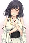  black_hair blush breasts closed_eyes detached_sleeves hair_ornament japanese_clothes jewelry kantai_collection large_breasts no_headgear nontraditional_miko obi ring sash shohei_(piranha5hk) short_hair smile solo wedding_band white_background wide_sleeves yamashiro_(kantai_collection) 