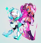  2girls alternate_hair_color amakusa_(hidorozoa) aqua_hair black_hair blue_eyes boots breasts cleavage color_switch crown dark_skin domino_mask dress finger_to_mouth fingerless_gloves forehead full_body gloves headphones hime_(splatoon) iida_(splatoon) mask medium_breasts midriff mole mole_under_eye multicolored_hair multiple_girls navel octarian open_mouth pantyhose pantyhose_under_shorts purple_hair shorts sleeveless sleeveless_dress smile splatoon_(series) splatoon_2 standing symbol-shaped_pupils teeth tentacle_hair two-tone_hair white_hair yellow_eyes zipper 