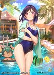  bare_legs blue_sky blue_swimsuit blush building closed_eyes cloud cloudy_sky competition_school_swimsuit copyright_name covered_navel creature day eyebrows_visible_through_hair frown horns innertube legs_together looking_at_viewer official_art one-piece_swimsuit outdoors palm_tree pink_eyes pool pop_kyun purple_hair qurare_magic_library rubber_duck sky standing swimsuit towel tree watermark wet wet_clothes 