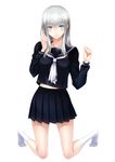  absurdres blame! blame_gakuen! blue_eyes breasts cibo highres kneeling long_hair looking_at_viewer medium_breasts pale_skin sakuma_tsukasa school_uniform silver_hair skirt smile socks solo white_hair 