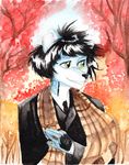  2017 aimo anthro arctic_fox autumn black_fur black_hair canine clothed clothing costume fall_(disambiguation) forest fox fur green_eyes hair indian ink male mammal october park scarf smile solo suit traditional_media_(artwork) tree watercolor_(artwork) white_fur wunderknodel 