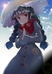  ajirogasa asuzemu black_hair blush braid commentary dress earlobes hands_together hat lens_flare long_hair looking_at_viewer red_eyes smile solo touhou twin_braids yatadera_narumi 