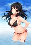  1girl bikini black_bikini black_hair breasts cleavage closed_mouth commentary_request contrapposto cowboy_shot day front-tie_bikini front-tie_top hair_ribbon hand_on_hip harino646 highres horizon isokaze_(kantai_collection) kantai_collection large_breasts leaning_forward light_smile long_hair outdoors red_eyes ribbon side-tie_bikini solo strap_gap string_bikini swimsuit thigh_ribbon wading 