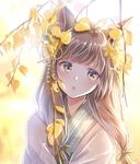  :o animal_ears autumn_leaves backlighting bangs blunt_bangs blush brown_eyes brown_hair day eyebrows_visible_through_hair flower fox_ears fox_girl hair_flower hair_ornament head_tilt highres japanese_clothes kimono long_hair looking_away looking_to_the_side low-tied_long_hair myusha open_mouth original outdoors parted_lips plant shiny shiny_hair solo upper_body vines white_kimono yellow_eyes 
