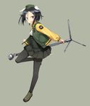  animal_ears black_eyes black_hair black_legwear brave_witches buttons commentary_request dog_ears dog_tail garrison_cap green_footwear green_jacket hat idol jacket kanno_naoe letterman_jacket looking_at_viewer microphone microphone_stand open_mouth pantyhose shimada_fumikane simple_background solo tail thighband_pantyhose world_witches_series 