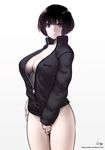  black_eyes black_hair bottomless breasts center_opening cleavage closed_mouth commentary_request covering covering_crotch cowboy_shot expressionless jacket large_breasts long_sleeves looking_at_viewer naked_track_jacket original short_hair solo souryu track_jacket 