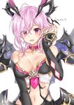  absurdres ahoge bad_id bad_pixiv_id bangs breasts bustier choker cleavage collarbone demon_horns detached_sleeves earrings eyes_visible_through_hair hair_over_one_eye hair_tucking highres horn_ornament horns jewelry large_breasts looking_at_viewer misosirudodo navel open_mouth oskulolu pink_hair pointy_ears purple_eyes shironeko_project short_hair solo strapless swept_bangs upper_body white_background 