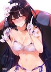  absurdres artist_name bangs bare_shoulders bikini black_hair blush breasts cleavage collarbone commentary_request flower full-face_blush girls_frontline grin hair_flower hair_ornament hairband highres hips hplay index_finger_raised long_hair looking_at_viewer medium_breasts multi-strapped_bikini navel parasol qbz-95_(girls_frontline) side-tie_bikini simple_background smile solo strap_pull swimsuit umbrella very_long_hair white_background white_bikini white_hairband yellow_eyes 