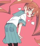  1girl bangs bent_over blue_skirt blush embarrassed ixy leggings open_mouth orange_eyes orange_hair pink_background pleated_skirt school_uniform sidelocks skirt twintails ueno-san_wa_bukiyou ueno_(ueno-san_wa_bukiyou) 