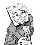  2017 animate_inanimate biped black_eyes blush bow_tie button_(fastener) clothing cuphead_(game) dice digital_drawing_(artwork) digital_media_(artwork) facial_hair fluffylulusan front_view gloves green_eyes half-length_portrait hatching_(technique) humanoid humanoid_hands king_dice leaning leaning_forward looking_away male mismatched_pupils mustache not_furry object_head portrait raised_eyebrow restricted_palette shadow simple_background smile solo spotted_body suit white_background 