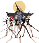  4boys absurdres androgynous artoria_pendragon_(all) artoria_pendragon_(lancer) bedivere black_hair black_legwear blonde_hair bow_(weapon) cape circle closed_eyes commentary crown dossei_jun'ai fate/extra fate/grand_order fate/stay_night fate_(series) floating full_body gawain_(fate/extra) gem_uniform_(houseki_no_kuni) genderswap highres houseki_no_kuni knights_of_the_round_table_(fate) lance lancelot_(fate/grand_order) long_hair loose_socks multiple_boys necktie parody pigeon-toed polearm prosthesis prosthetic_arm purple_hair red_hair rhongomyniad socks sparkle sword thighhighs tristan_(fate/grand_order) uniform weapon 