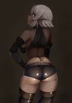  ass bare_shoulders black_gloves black_legwear breasts brown_eyes contrapposto cowboy_shot dark_elf dark_skin de-chan_(lolicept) elbow_gloves elf eyebrows_visible_through_hair from_behind gloves halter_top halterneck highres large_breasts lolicept looking_at_viewer looking_back midriff original pointy_ears profile short_hair short_shorts shorts sideboob simple_background solo standing thighhighs white_hair 