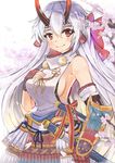  armor breasts fate/grand_order fate_(series) hair_between_eyes headband highres horns japanese_armor japanese_clothes large_breasts long_hair oni_horns red_eyes silver_hair solo tomoe_gozen_(fate/grand_order) white_hair xly_97 