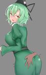  ass ass_grab black_hat blush breasts commentary_request dress from_behind grabbing_another's_ass green_dress green_eyes green_hair grey_background groping hair_between_eyes hat highres large_breasts long_sleeves looking_back nose_blush nyakonro_(nekonro) ofuda puffy_long_sleeves puffy_sleeves simple_background soga_no_tojiko solo_focus sweatdrop tate_eboshi touhou 