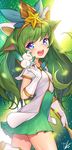  artist_name bad_id bad_pixiv_id blue_eyes blush elbow_gloves eyebrows_visible_through_hair gloves green_hair highres league_of_legends lee_seok_ho long_hair looking_at_viewer lulu_(league_of_legends) open_mouth short_sleeves signature smile solo star_guardian_lulu white_footwear white_gloves 