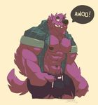  2017 abs anthro belt bernard_(ok_k.o.!_lbh) biceps big_muscles black_eyes canine cartoon_network chest_tuft clothed clothing fur jazzwolf male mammal muscular nipples ok_k.o.!_let&#039;s_be_heroes open_shirt pants pecs purple_fur shirt solo tuft were werewolf 