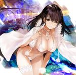  bikini breasts brown_eyes brown_hair cape character_request cleavage fur_trim hanging_breasts hitaki_yuu jewelry large_breasts looking_at_viewer navel necklace pom_pom_(clothes) skindentation smile solo stage_lights swimsuit thigh_gap thighhighs 