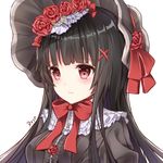  artist_name bangs black_dress black_hair black_hat blunt_bangs blush bonnet bow bowtie closed_mouth dress drsn expressionless eyebrows_visible_through_hair flower hair_flower hair_ornament hat hat_ribbon lolita_fashion long_hair lowres original red_bow red_eyes red_flower red_neckwear red_ribbon red_rose ribbon rose simple_background solo tareme upper_body white_background x_hair_ornament 