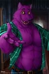  2017 7theaven abs anthro belt bernard_(ok_k.o.!_lbh) biceps big_muscles canine cartoon_network clothed clothing fur male mammal muscular nipples ok_k.o.!_let&#039;s_be_heroes open_shirt pants pecs purple_fur purple_nipples shirt solo teeth tuft were werewolf 