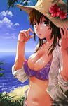 bangs beach bikini breasts brown_eyes brown_hair cleavage day dress_shirt hair_between_eyes hands_up hat highres horizon large_breasts lips long_hair looking_at_viewer navel open_clothes open_shirt original outdoors parted_lips purple_bikini shade shirt sleeves_rolled_up solo straw_hat sun_hat swimsuit teoshiguruma unbuttoned unbuttoned_shirt white_shirt 