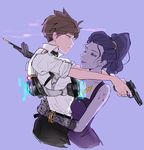  bjmaki brown_hair commentary_request gloves gun handgun highres holding holding_gun holding_weapon lace lace_gloves multiple_girls overwatch pipe pistol purple_hair purple_skin tracer_(overwatch) weapon widowmaker_(overwatch) yellow_eyes yuri 