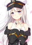  azur_lane bangs bare_shoulders black_coat blunt_bangs blush breasts enterprise_(azur_lane) eyebrows_visible_through_hair falling_petals gold_buttons hair_between_eyes hands_on_own_chest hat jewelry large_breasts long_hair looking_at_viewer necktie off_shoulder peaked_cap petals purple_eyes ring shirt sidelocks silver_hair sleeveless sleeveless_shirt smile solo star upper_body very_long_hair wedding_ring white_background wind wing_collar yatsuki_yura 