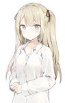  :&lt; bangs black_ribbon blonde_hair blue_eyes blush closed_mouth collarbone commentary_request hair_between_eyes hair_ribbon hands_together highres long_hair looking_at_viewer original ribbon sabet_(young_ouo) shirt simple_background solo twintails upper_body white_background white_shirt 