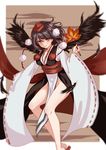  absurdres alternate_costume black_hair blurry breasts cleavage fan feathers hat hauchiwa highres japanese_clothes juunanaban kimono kourindou_tengu_costume leaf_fan long_sleeves looking_at_viewer medium_breasts pom_pom_(clothes) red_eyes shameimaru_aya short_hair smile solo tokin_hat touhou wide_sleeves wings 