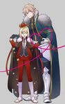  black_gloves blonde_hair blue_eyes cape crown fate/extra fate/grand_order fate_(series) full_body gawain_(fate/extra) gawain_(fate/grand_order) gloves green_eyes heart heart_of_string height_difference highres leonard_bistario_harway male_focus multiple_boys red_string string yaoi yszw 
