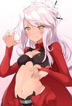  blush breasts brown_eyes chloe_von_einzbern claw_pose cleavage closed_mouth dark_skin eyebrows_visible_through_hair fate/kaleid_liner_prisma_illya fate_(series) gradient gradient_background hechi_(hechi322) lavender_hair long_hair navel puffy_sleeves small_breasts smile solo 