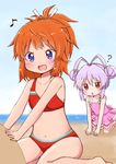  :&lt; :d ? all_fours antenna_hair bangs bare_arms bare_shoulders beach bikini blue_eyes blue_sky blush brown_eyes brown_hair casual_one-piece_swimsuit collarbone commentary_request day double_bun eighth_note eyebrows_visible_through_hair frilled_swimsuit frills hair_between_eyes hair_ribbon hair_up halter_top halterneck highres horizon koshigaya_natsumi long_hair miyauchi_renge multiple_girls musical_note non_non_biyori ocean one-piece_swimsuit open_mouth outdoors parted_lips pink_swimsuit red_bikini ribbon sand shika_(s1ka) sidelocks sitting sky smile swimsuit triangle_mouth wariza white_ribbon 