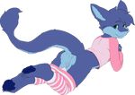  4_toes anus blue_eyes blue_fur butt clothed clothing cuntboy fur girly harzipan intersex long_tail looking_at_viewer looking_back pajamas panties panties_down pants_down partially_clothed pawpads pink_clothing pussy rear_view sergal seth-iova stripes toes underwear 