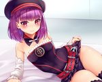  bare_shoulders belt blush breasts detached_sleeves fate/grand_order fate_(series) hat helena_blavatsky_(fate/grand_order) looking_at_viewer panties purple_eyes purple_hair short_hair small_breasts smile solo strapless thighhighs tomojo underwear white_sleeves 