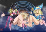  2girls bare_legs bare_shoulders barefoot blonde_hair blush_stickers breasts cellphone chains cleavage curvy dark_magician_girl duel_monster female gagaga_girl green_eyes hat long_hair looking_at_viewer magical_girl medium_breasts multiple_girls one_eye_closed open_mouth patreon red_eyes shiny shiny_clothes shiny_skin sitting smile wand wizard_hat yu-gi-oh! 