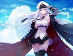  apt arm_up azur_lane bangs black_legwear blue_eyes blue_sky blush breasts closed_mouth cloud cloudy_sky coat commentary_request day enterprise_(azur_lane) eyebrows_visible_through_hair floating_hair hair_between_eyes halter_top halterneck hat highres horizon large_breasts legs_together long_hair looking_at_viewer miniskirt ocean open_clothes open_coat outdoors peaked_cap pleated_skirt shirt sideboob sidelocks silver_hair skirt sky sleeveless sleeveless_shirt smile solo thighhighs tsurime very_long_hair white_shirt wind zettai_ryouiki 