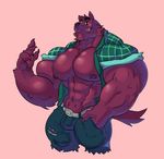  2017 abs anthro belt bernard_(ok_k.o.!_lbh) biceps big_muscles black_eyes canine cartoon_network chest_tuft clothed clothing demondragoncyan fur hi_res male mammal muscular ok_k.o.!_let&#039;s_be_heroes open_shirt pants pecs purple_fur shirt solo teeth tuft were werewolf 