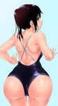 aqua_background ass black_hair brown_eyes commentary_request competition_school_swimsuit cowboy_shot from_behind long_hair looking_at_viewer looking_back one-piece_swimsuit open_mouth original ponytail profile shiny shiny_clothes shiny_hair shiny_skin simple_background sketch solo swimsuit teoshiguruma wet 
