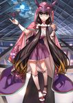  :&gt; bat black_hair brown_hair fate/grand_order fate_(series) fingerless_gloves floral_print gloves gradient_hair hair_bobbles hair_ornament holding hole hole_in_ceiling hood hoodie long_hair looking_at_viewer low_twintails moriyama_daisuke multicolored_hair osakabe-hime_(fate/grand_order) purple_eyes ribbon_trim sandals socks solo standing tablet twintails very_long_hair white_legwear 