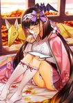  autumn_leaves bat black_hair fate/grand_order fate_(series) floral_print fox glasses long_hair looking_at_viewer moriyama_daisuke official_art origami osakabe-hime_(fate/grand_order) purple_eyes red_ribbon ribbon ribbon_trim sitting smile stylus tablet tablet_pc very_long_hair 